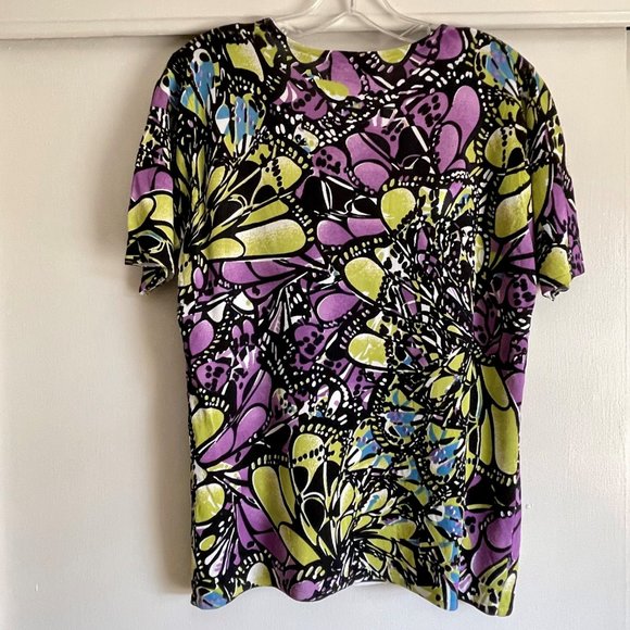 Pierre New York Short Sleeve Scoop Stretch Knit Top Abstract Fall Multicolor L - Picture 7 of 8